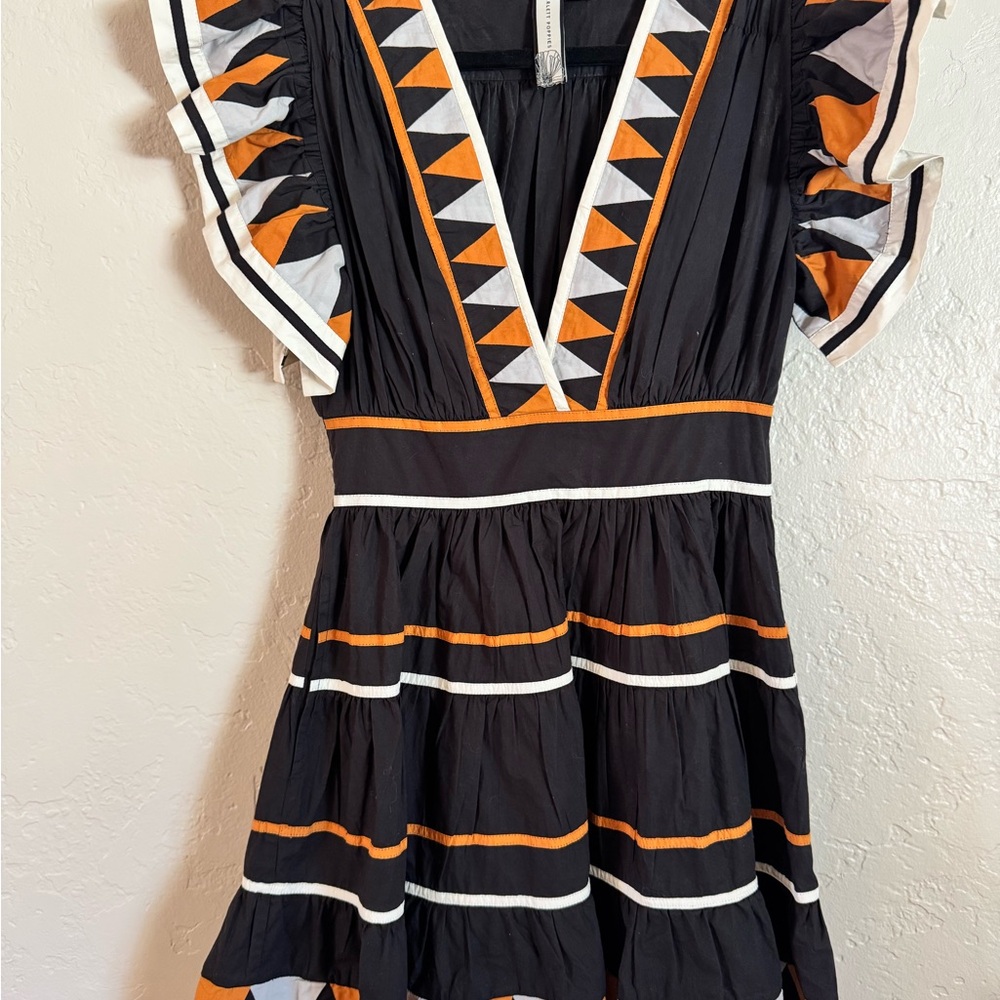 Scarlett Poppies Black Mini Dress with Orange V-Neck Ruffle Sleeve